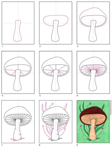 Mushroom Drawing Simple, How To Draw Mushrooms, Draw Mushrooms, Mushroom Paint, Mushroom Crafts, Mushroom Drawing, Tree Drawings Pencil, Seni Dan Kraf, Circle Drawing