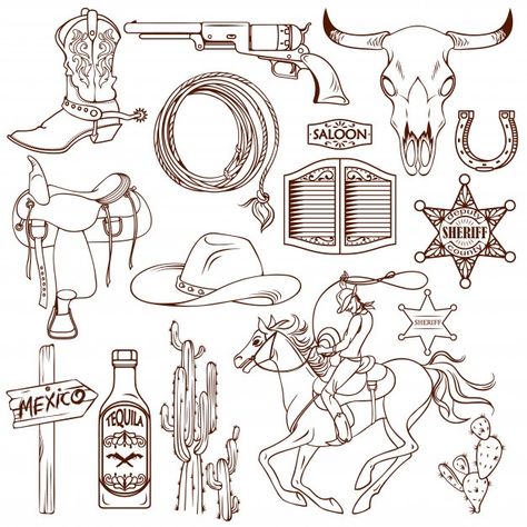 Wild west monochrome set | Free Vector #Freepik #freevector #star #hand #hand-drawn #skull Cowgirl Tattoos, Cowboy Tattoos, Country Tattoos, Western Tattoos, Cowboy Design, Theme Tattoo, Tattoos Geometric, Cowgirl Art, Back Of Shoulder Tattoo