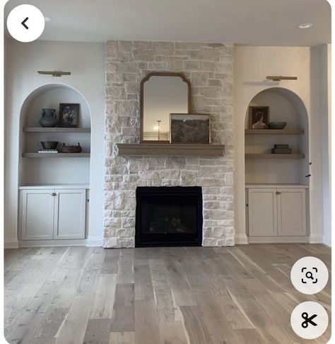 Arch Brick Fireplace, Arch Fireplace Built Ins, Custom Home Inspiration, Fireplace With Arches On Sides, Plaster Fireplace With Built Ins, Arch Fireplace Ideas, Arch Built In Shelves Fireplace, Arched Built Ins Fireplace, English Cottage Fireplace