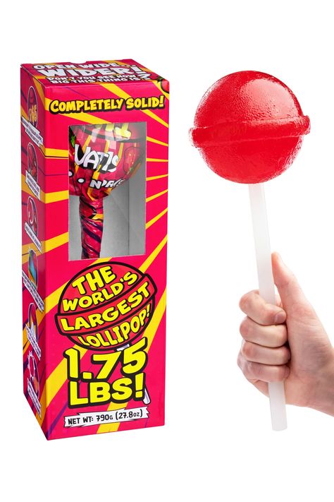 This giant lollipop is 65X larger than a normal lollipop, weighs almost 2 pounds, is 2,880 calories, and is estimated to take 20,000 licks to reach the center. Big Lollipop, Giant Lollipop, Big Lollipops, Large Lollipops, Giant Lollipops, Cute Online Clothing Stores, Startup Branding, Twist Braid, Snack Treat