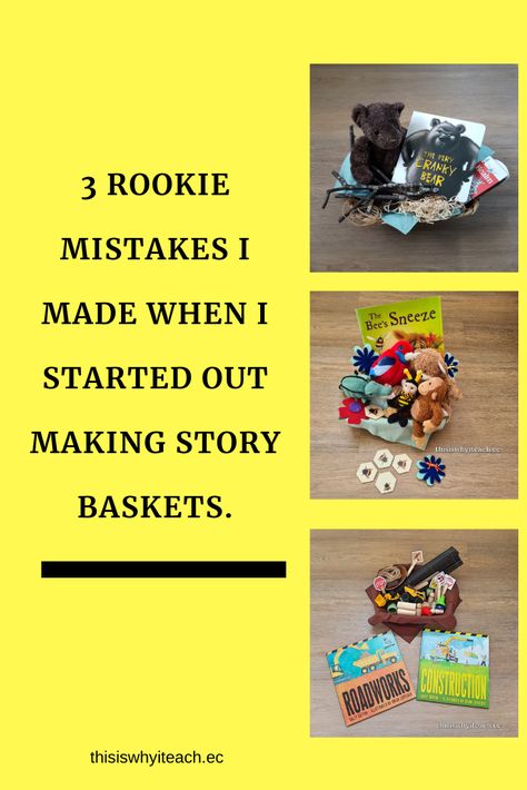 There were 3 mistakes that I made and I am sharing them so you can avoid them! #1 I made story baskets for the stories I loved! #2 I put too much in them. #3 I thought I needed a new one every day Story Boxes Preschool, Storytelling For Preschoolers, Preschool Story Baskets, Story Telling Basket, Story Baskets Ideas, Story Baskets For Preschool, Story Baskets For Toddlers, Story Box Ideas, Storybook Baskets