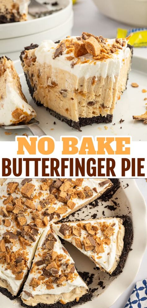 Butter Finger Dessert, Butterfinger Pie, Summer Desserts For A Crowd, Easy Pie Recipes, Peanut Butter Desserts, Cold Desserts, Easy No Bake Desserts, Easy Pie, Peanut Butter Pie