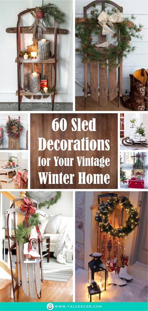 Wood Sled Decorating Ideas, Decorated Sleds For Christmas, Antique Sled Decor Ideas, Old Sleds Decorated For Christmas, Christmas Sled Decoration Front Porches, Winter Front Porch Decor, Christmas Sled Decoration, Christmas Sleigh Decorations, Winter Porch Decor