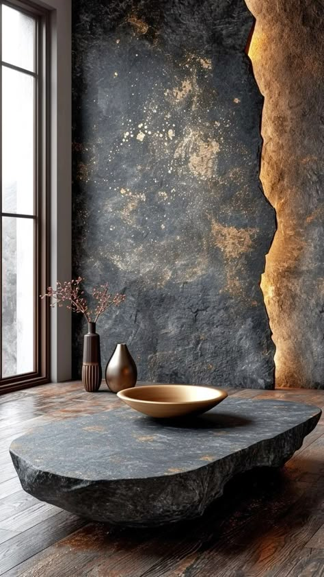 Black And Gold Architecture, Black Stone Table, Black Stone Wall, Stone Wall Texture, Stone Walls Interior, Stone Wall Design, Wall Texture Design, Gold Beach, Stone Table