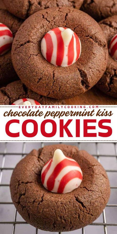 Want more easy Christmas cookies to share? Here's a holiday baking recipe in 30 minutes! With a candy cane Kiss center, these chocolate shortbread cookies are a fun and festive Christmas dessert idea. No one will be able to resist these  Chocolate Peppermint Kiss Cookies! Candy Kisses Cookies, Kisses Cookies Christmas, Candy Cane Kiss Cookies Recipe, Christmas Kisses Cookies, Peppermint Kisses Cookies, Christmas Cookies With Candy Canes, Festive Christmas Cookies Recipes, Christmas Cookies With Kisses, Peppermint Kiss Cookies Recipe