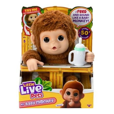 Little Live Pets My Baby Monkey Mango, 50+ Sounds and Reactions, Ages 4+ Baby Mango, Pretend Play Costumes, Toy Monkey, Little Live Pets, Your Touch, Adoption Certificate, Pet Monkey, Monkey Plush, Soft Toy Animals