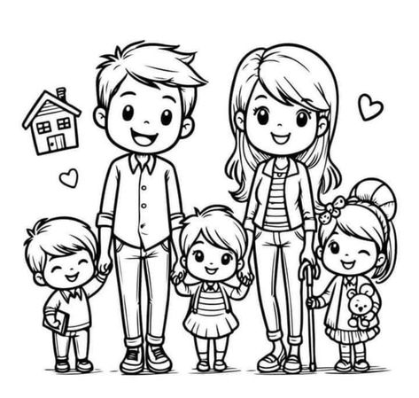 Family Easy Drawing, Family Clipart Printables, Happy Family Drawing, Family Drawing Easy, Happy Family Cartoon, Family Clipart Black And White, Family Drawing Ideas, Family Coloring Pages For Kids, Family Drawing Illustration