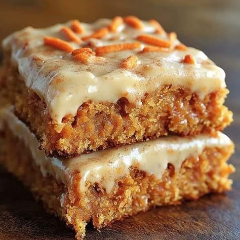 Easy Recipes Group | Carrot Bars with Maple Frosting 🥕🍰 | Facebook Maple Frosting Recipe, Carrot Bars, Creamed Corn Cornbread, Mobile Home Roof, Yummy Bars, Fruity Cookies, Fat Person, Fall Deserts, Carrot Cake Bars