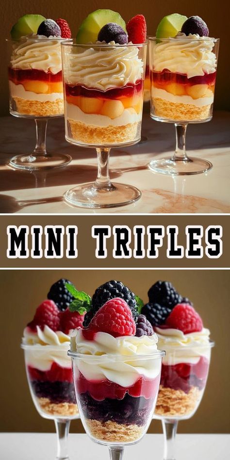 Serve these delightful Mini Trifles at your next party 🍨! Layers of creamy pudding, cake, and fruit make this dessert elegant and easy to prepare. Perfect for holidays or special occasions. #MiniTrifles #ElegantDesserts #PartyFood #LayeredDesserts #QuickRecipes Mini Dessert Shooters No Bake, Individual Dessert Ideas For Party, Trifle In A Cup Mini Desserts, Parfait Desserts Party, Desserts Individual Servings, Mini Trifles Desserts, Trifle In A Cup, Layered Desserts In A Cup, Triffle Desserts Cups