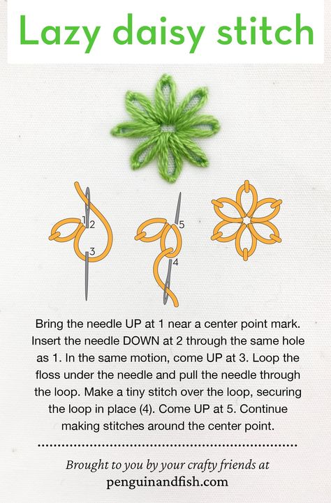 Embroidery Stitches Flowers Tutorials Simple, Daisy Embroidery Pattern Simple, Simple Daisy Embroidery Tutorial, How To Embroidery Flowers Step By Step, Embroidery Lazy Daisy Tutorial, Cross Stitch Step By Step, Free Daisy Embroidery Pattern, Filled Lazy Daisy Stitch, Daisy Embroidery Pattern Template