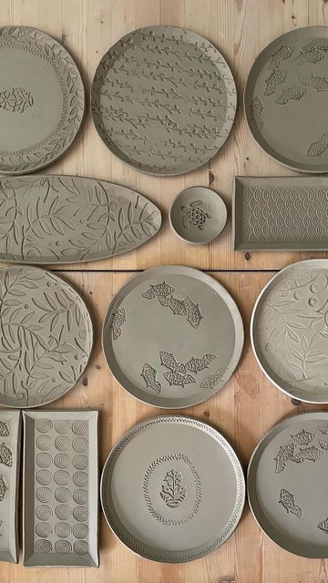 Hanna Lühl on Instagram: "This Is How I make my stamped plates. I don’t have a slap roller so I use a laundry mangle. For the right thickness of my rolled out clay, I use wooden strips in the wanted height. The stamps I have got are from different places. I’m always on the lookout for new ones. #ceramicplates #keramikteller #keramik #stempel #handbuilding #woodenstamps #handbuild #aufbautechnik #stampedinclay #stampedclay #stamping #stempelinton #töpfern #potteryforall #CREmerging #ihavethi