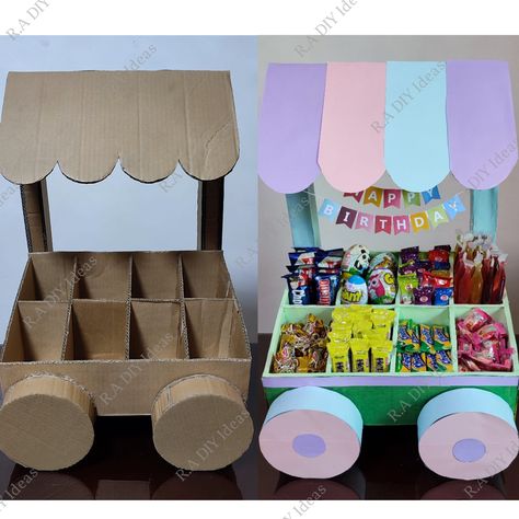 R.A DIY Ideas - No need to buy or rent candy buffet... | Facebook Diy Candy Cart, Exterior Christmas, Cardboard Crafts Diy, Candy Cart, Stick Crafts, Candy Land Christmas Decorations Diy, Candy Land Christmas Decorations, Candy Land Christmas Decorations Outdoor, Candy Land Christmas Tree