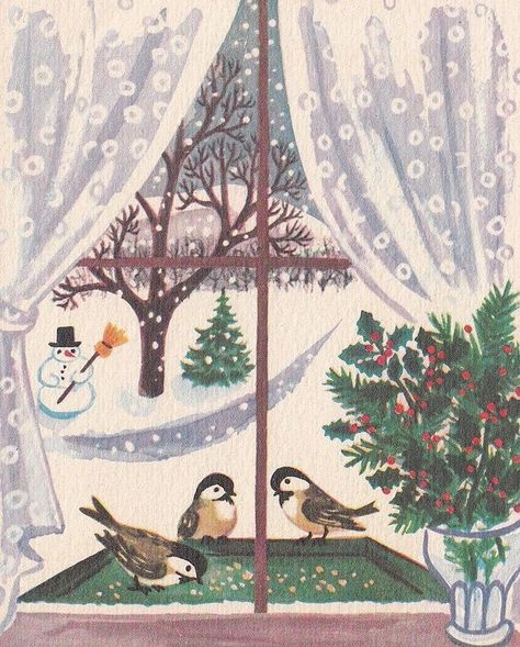 Winter Bird Illustration, Christmas Window Illustration, Vintage Winter Images, Vintage Winter Scenes, Christmas Vintage Illustration, Vintage Winter Illustration, Christmas Illustration Vintage, Vintage Christmas Illustration, Vintage Christmas Art