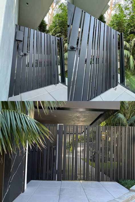 Steel fence custom design Aluminum Fence Gate, Aluminum Gates, Main Gates, Compound Wall Design, Gate Designs Modern, Grill Gate, Grill Gate Design, Gates And Railings, House Main Gates Design