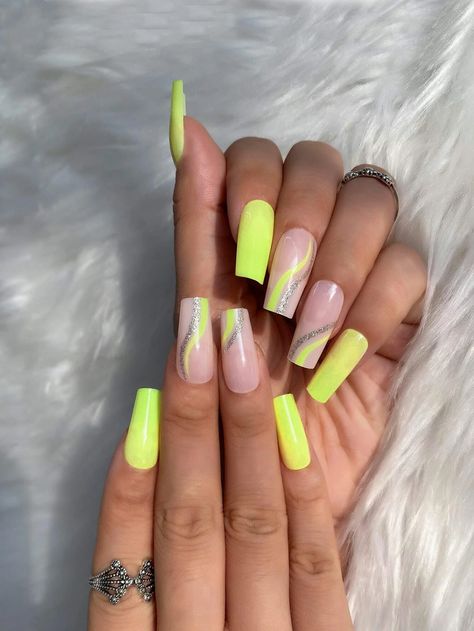 Neon Yellow Nails Designs, White Summer Nails, Nail Shapes Square, Aqua Nails, Nail Tape, Nail Pops, Vibrant Nails, Yellow Line, S Nails