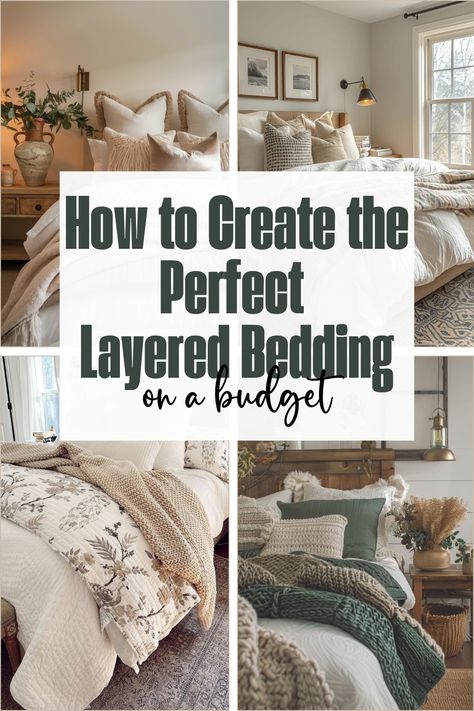 Learn how to layer your bedding to create a cozy, designer-inspired look. These easy tips will elevate your bedroom style without breaking the bank. White And Linen Bedding, How To Style Your Bed Cozy, How To Style A Master Bed, Bedding With Quilt And Duvet, Two Blankets One Bed, Quilt With Comforter At End Of Bed, Farmhouse Layered Bedding, Guest Bedroom With Two Queen Beds, King Bed Cozy