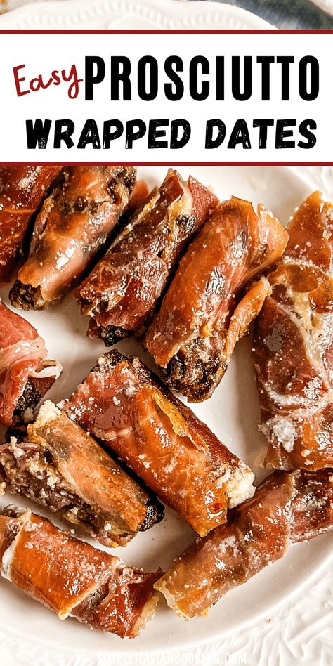 These prosciutto appetizer snacks are stuffed with dates and cheese. They are the perfect sweet and salty finger food for parties. Serve these at Christmas parties or other gatherings. These are crispy on the outside and soft on the inside. One of my favorite prosciutto recipes.  via @simpleitalian Charcuterie Board Ideas Prosciutto, Crispy Prosciutto Cups, Appetizer With Prosciutto, Prochutto Appetizer Recipes, Light Italian Appetizers, Make Ahead Finger Foods For A Crowd, Procuitto Appetizer Recipes, Proscuitto Appetizers Simple, Procuttio Appetizers