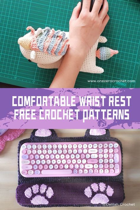 #freecrochetpatterns Both of these Crochet Wrist Rest patterns are not only functional, but also add a touch of personality to your workspace Crochet Wrist Rest Pattern Free, Crochet Keyboard Wrist Rest, Crochet Computer Accessories, Crochet Patterns To Sell Craft Fairs, Crochet Office Accessories, Crochet Wrist Rest, Functional Crochet Projects, Crochet Desk Accessories, Crochet Office