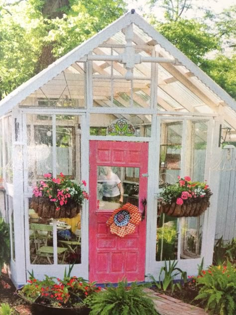 Pink door greenhouse Door Greenhouse, Green House Gardening, Green House Diy, Rustic Greenhouses, Greenhouse Shed Combo, Garden Shed Greenhouse, Dream Greenhouse, Window Greenhouse, Shed Greenhouse