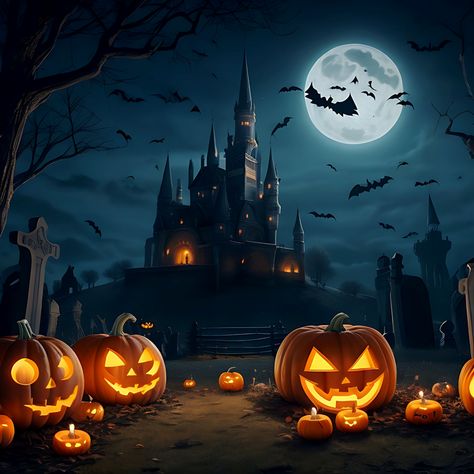 Fundo De Halloween Com Abóboras Assustadoras Velas No Cemitério à Noite Um Castelo#pikbest##Backgrounds Halloween Fundo, Halloween Images Backgrounds, Fundo Halloween, Graveyard At Night, Halloween Imagem, Uk Halloween, Halloween Party Scary, Scary Pumpkins, Haunted Graveyard