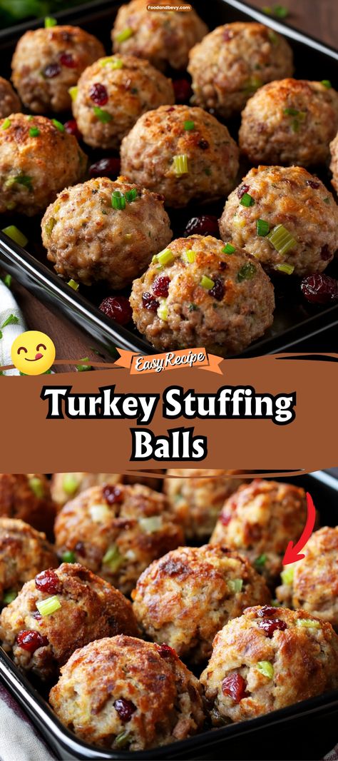 Enjoy the essence of Thanksgiving any time with Turkey Stuffing Balls, where savory stuffing is mixed with bits of turkey and baked until crispy on the outside and moist inside. Serve them with cranberry sauce or gravy for a festive treat. #TurkeyStuffing #HolidayFavorites #EasyAppetizers Turkey Stuffing Balls Recipe, Dressing Balls Recipe, Stuffing Balls Recipe, Ham Balls, Turkey And Stuffing, Stuffing Balls, Turkey Stuffing, Leftover Turkey Recipes, Holiday Snacks