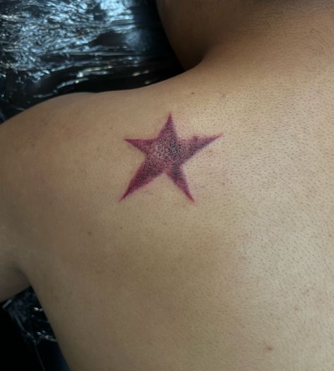 Just finished this star tattoo from #JojosBizarreAdventure Jo Star Tattoo, Red Tattoo On Dark Skin, Joestar Birthmark Tattoo, Joestar Tattoo, Starter Tattoos, Joestar Birthmark, Birthmark Tattoo, Tattoo On Dark Skin, Red Tattoo