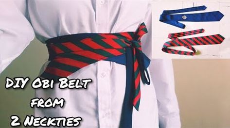 Diy Belt From Tie, Obi Belt From Neck Ties, Belt Making Diy, Using A Tie As A Belt, Neck Tie Belt, Tie As A Belt Outfit, Belt From Scarf, Neck Tie Upcycle, Tie Belt How To