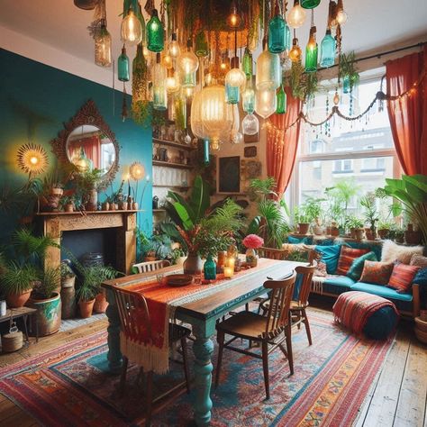 Boho Dining Room Boho Country Dining Room, Dining Room And Art Studio, Maximalist Kitchen Table, Boho Table And Chairs, Maximalism Dining Room, Funky Dining Table, Dining Room Ideas Boho, Terracotta Dining Room, Eclectic Dining Table