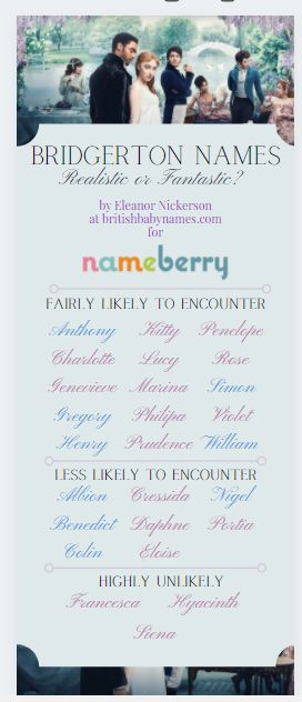 We love all the names in Bridgerton, but are they historically realistic, or pure fantasy? Eleanor Nickerson, an expert in the history of British names, has the answers on our blog. Click through! #babynames #bridgerton #uniquenames #bridgertonnames Bridgerton Baby Names, Royalty Names, Bridgerton Name, Cool Names For Boys, Queen Names, Historical Names, British Names, Movie Trivia Questions, 19th Century London