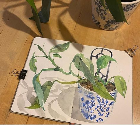 Sketchbook Filling Ideas, Marker And Pen Art, Decorate Sketchbook Cover, Book Cover Painting Ideas, Watercolor Postcards Ideas, Sketchbook Pictures, Sketchbook Flowers, Watercolor Plants, Gouache Art