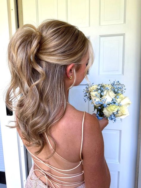 Hair Inspiration For Wedding Guest, Hoco Hair Inspo Ponytail, Pony Wedding Guest Hair, Hoco Hair Ideas Half Up Half Down, Half Pony Bridesmaid Hair, Half Up And Down Prom Hair, Homecoming Hair For Open Back Dress, Bridesmaid Hairstyles Half Up Half Down Ponytail, Half Updo Ponytail