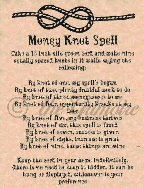 Money knot spell Knot Spell, Witchy Spells, Spells Book, Witchcraft Spells For Beginners, Money Spells That Work, Charmed Book Of Shadows, Spells For Beginners, Money Spell, Magia Das Ervas