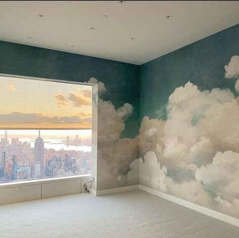 Cloud Wallpaper Living Room, Clouds Wallpaper Bedroom, Cloud Painted Walls, Cloud Ceiling Bedroom Paint, Cloud Accent Wall Nursery, Cloudy Room Aesthetic, Paint Clouds On Walls, Cloud Wall Paint, How To Paint Clouds On Ceiling