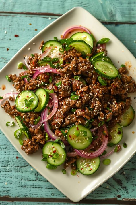 Mouthwatering Spicy Keto Korean Ground Beef Recipe with Refreshing Cucumber Salad #ketodiet #ketorecipes #lowcarb Salad Recipes With Ground Beef, Salads With Beef, Asian Keto Meals, Ground Beef Salads, Keto Korean Beef Bowl, Clean Eating Beef Recipes, Ground Beef Salad Recipes, Ground Beef Recipes For Dinner Keto, Healthy Mince Recipes