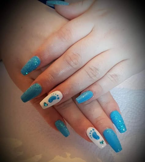 Nail Art Baby Shower Ideas, Baby Boy Acrylic Nails, Baby Shower Blue Nails, Blue Nails Baby Shower Ideas, Boy Baby Shower Nails Designs, Nails For Baby Boy Arrival, Baby Boy Nails Designs Blue, Blue Nails For Baby Boy Shower Ideas, Nails For Baby Boy