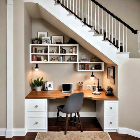 Desk Under Stairs, Understair Storage, Under Stairs, Showroom, Stairs, Desk, Apartment, Interior Design, Design