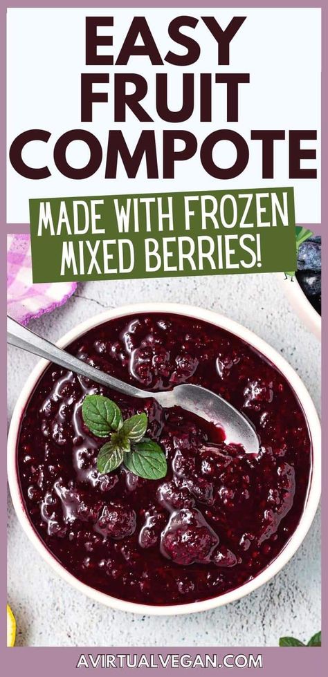 Easy Frozen Berry Compote made with just 3 ingredients! All you need is a bag of mixed frozen fruit, some sugar and a lemon. Use it to top your favourite breakfasts and desserts like oatmeal, yogurt, pancakes and cheesecake! Berry Puree Recipe, Oatmeal Yogurt Pancakes, Frozen Berry Recipes, Vegan Trifle, Vegan Pies Recipes, Frozen Fruit Recipes, Cranberry Compote, Oatmeal Yogurt, Vegan Overnight Oats