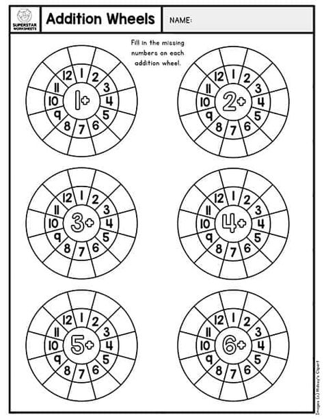 Free addition fact wheels for students to fill in the missing numbers. Students add the number in the middle of the wheel with each number around the wheel. Great for basic addition facts. Teaching Multiplication Facts, Multiplication Wheel, Learning Multiplication Facts, Multiplication Facts Worksheets, Math Division Worksheets, Learning Multiplication, Multiplication Activities, Teaching Multiplication, Maths Worksheets