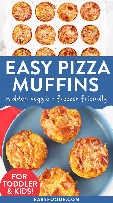 muffin tin filled with precooked muffin mix over a final shot of 4 pizza muffins on a plate Muffins For Toddlers, Muffins For Kids, Easy Toddler Lunches, Daycare Meals, Toddler Muffins, Toddler Picky Eater, Baby Lunch, Picky Toddler Meals, Tasty Pizza