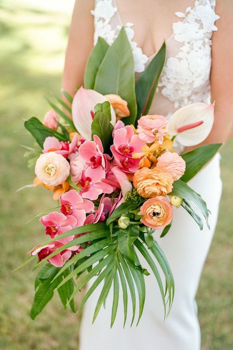 Destination Wedding Flowers, Tropical Bridal Bouquet, Orchid Bouquet Wedding, Tropical Wedding Bouquets, Unique Wedding Bouquet, Ranunculus Bouquet, Tropical Wedding Theme, Tropical Flower Arrangements, Cascading Wedding Bouquets