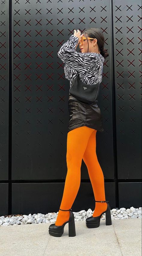 Orange Tights Outfit, Colour Tights, Orange Tights, Yellow Tights, Heels And Socks, Sock Outfits, Tights Outfit, Chunky Heels, Tights