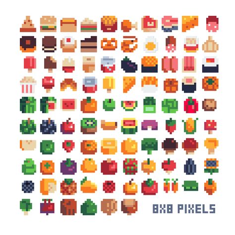 8x8 food.  #pixelart #pixelarticons #pixels #fruits #food # foodicon #vegetables #sprites #8bit #fastfood #isometric #icons #set #inventory #design #minimalistic #8x8 #gamedev Pixel Fruit Art, Pixel Art Vegetables, Pixel Inventory, Pixel Art 8x8, 8x8 Pixel Art, Fruit Pixel Art, Pixel Art Fruit, Minimalist Pixel Art, Pixel Fruit