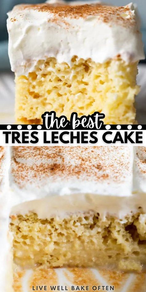 This is the BEST tres leches cake you’ll ever make! It’s 100% homemade and features a sponge cake base, a three-milk filling, and a sweetened whipped cream topping. Tres leches cake translates to “three milk cake.” It got its name because of the way it’s made. A sponge cake is baked, and then poked all over with a fork before a mixture of three types of milk is poured over top. It's easy and delicious! Best Tres Leches Cake, Coconut Tres Leches Cake, Coconut Tres Leches, Dessert Favorites, Three Milk Cake, Speciality Cakes, Leche Cake, Tres Leches Cake Recipe, Cake Filling