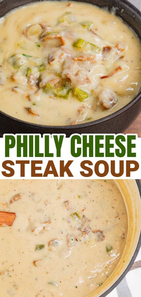 Philly Cheese Steak Soup is a hearty soup loaded with chopped deli roast beef, diced onions, green bell peppers, sliced mushrooms and provolone cheese. Different Soups To Make, Cheesy Meatball Soup, Soup Recipes Family, Soup With Roast Meat, High Protein Winter Recipes, Philly Cheese Soup, Sausage Beer Cheese Soup, Ribeye Steak Soup Recipes, Soup Cook Off Recipes