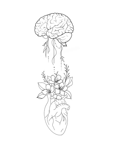 Head And Heart Drawing, Heart Leading Brain Tattoo, Balance Head And Heart Tattoo, Psychologist Tattoo Ideas, Floral Brain Tattoo, Head And Heart Tattoo, Mind And Heart Tattoo, Dna Tree Tattoo, Brain Tattoo Psychology