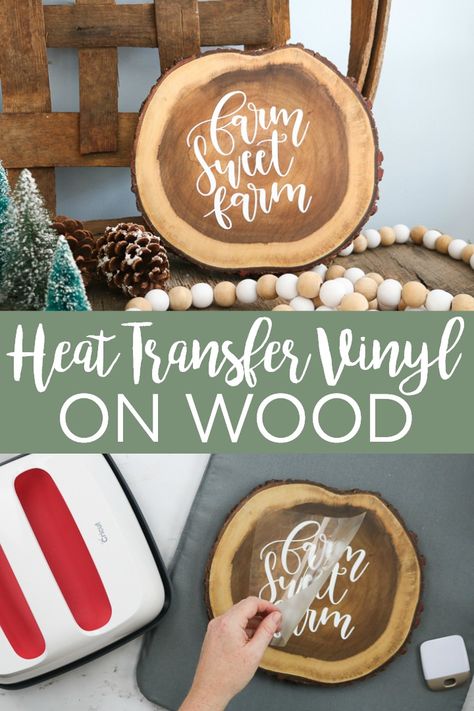 Learn how to use heat transfer vinyl on wood with this easy tutorial. This is a great way to add a personalized touch to your wood crafts with your Cricut! #cricut #cricutcreated #woodcrafts #wood #htv #heattransfervinyl #ironon #farm #farmhouse #farmhousestyle #rustic #rusticwood #woodslice Htv On Wood, Vinyl On Wood, Cricut Heat Transfer Vinyl, Vinyle Cricut, Cricut Explore Projects, Cricut Projects Beginner, Christmas Fonts, Cricut Craft Room, Diy Cricut