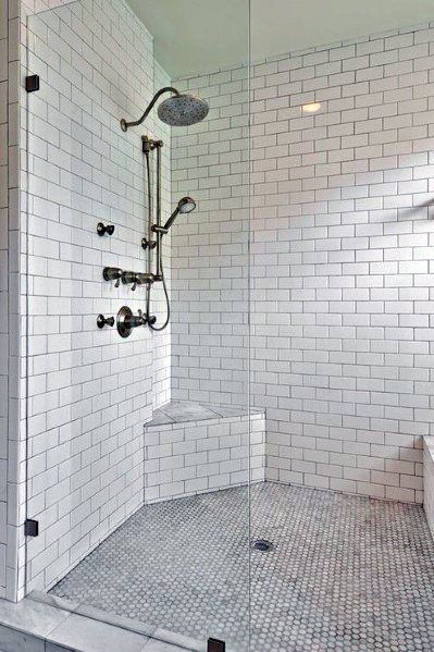 Top 50 Best Subway Tile Shower Ideas - Bathroom Designs Bench In Shower Walk In, Shower With Corner Seat, Shower With Corner Bench, Tiled Shower With Bench, Shower Corner Bench, Shower Bench Built In, Walk In Shower With Seat, Corner Shower Seat, Corner Shower Bench