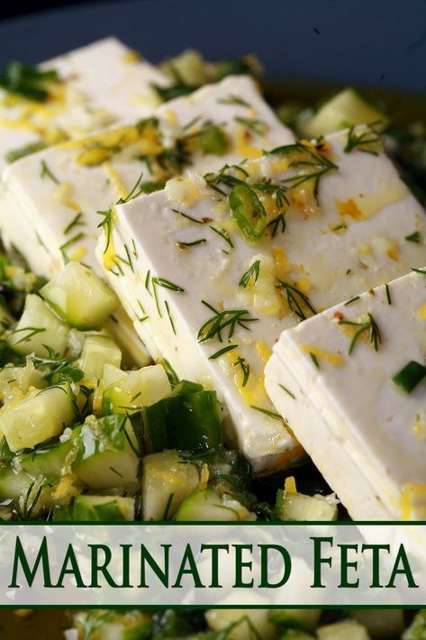 4 slices of lemon herb marinated feta cheese on a bed of marinated cucumber. Retreat Food, Marinated Feta, Healthy Lunch Ideas For Work, Mediterranean Appetizers, Heart Healthy Snacks, Marinated Cheese, Feta Cheese Recipes, Gourmet Appetizers, Chilled Desserts