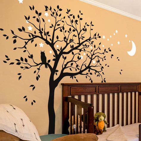 Moon Tree Of Life, Contemporary Nursery, Owl Moon, Wall Art Mural, Moon Tree, Nursery Mural, Tree Decals, Tree Nursery, Large Tree