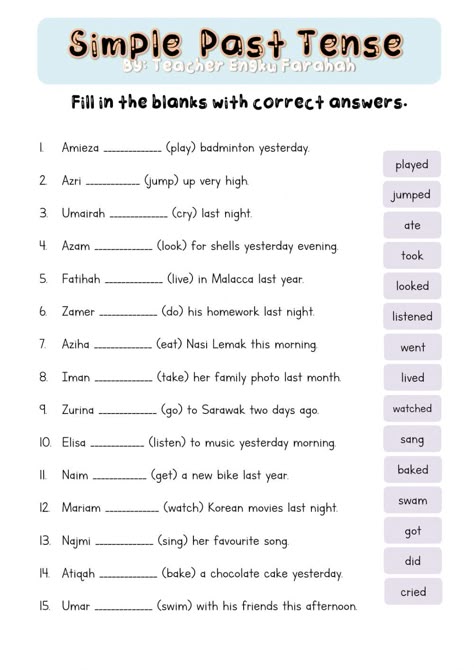 Grammar online activity for Year 3. You can do the exercises online or download the worksheet as pdf. Simple Past Tense Worksheet, Simple Present Tense Worksheets, Tense Worksheet, Past Tense Worksheet, Tenses Exercises, Tenses English, English Grammar Exercises, English Grammar For Kids, Simple Present Tense